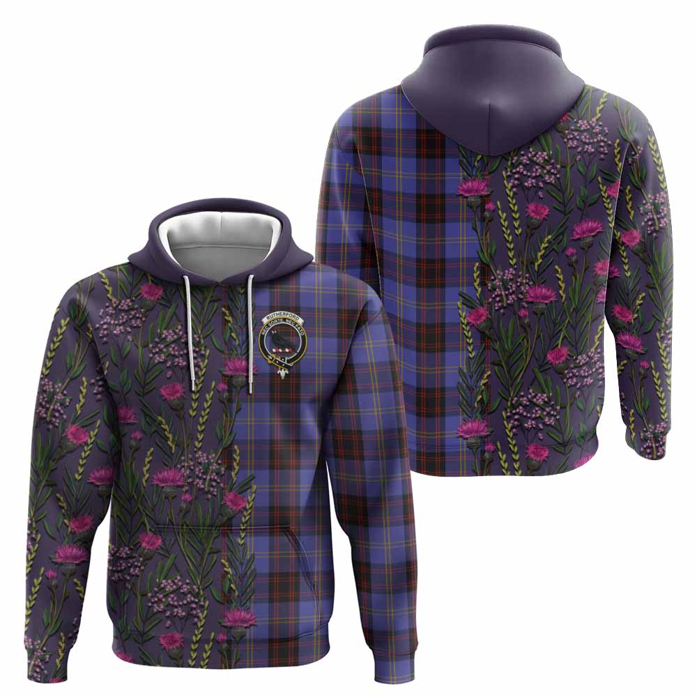 Rutherford Family Crest Tartan Hoodie Scottish Thistle Flower Pattern Half Style - Tartan Vibes Clothing