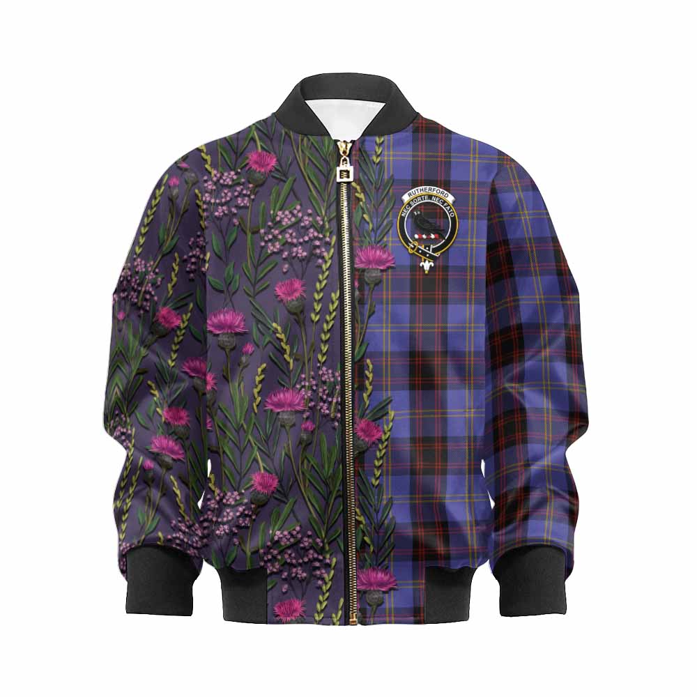 Rutherford Family Crest Tartan Kid Bomber Jacket Scottish Thistle Flower Pattern Half Style - Tartan Vibes Clothing