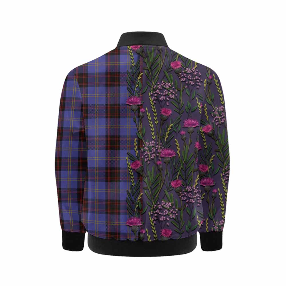 Rutherford Family Crest Tartan Kid Bomber Jacket Scottish Thistle Flower Pattern Half Style - Tartan Vibes Clothing