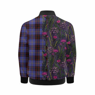 Rutherford Family Crest Tartan Kid Bomber Jacket Scottish Thistle Flower Pattern Half Style