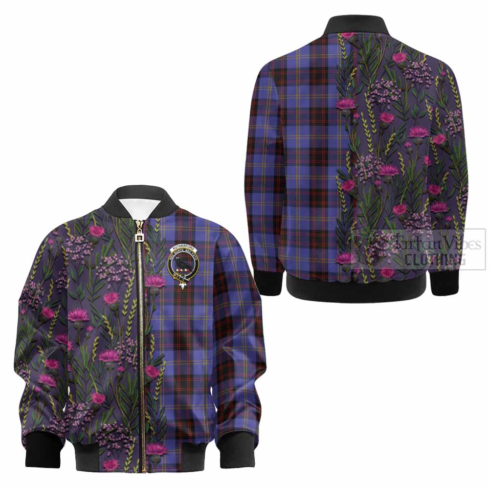 Rutherford Family Crest Tartan Kid Bomber Jacket Scottish Thistle Flower Pattern Half Style - Tartan Vibes Clothing
