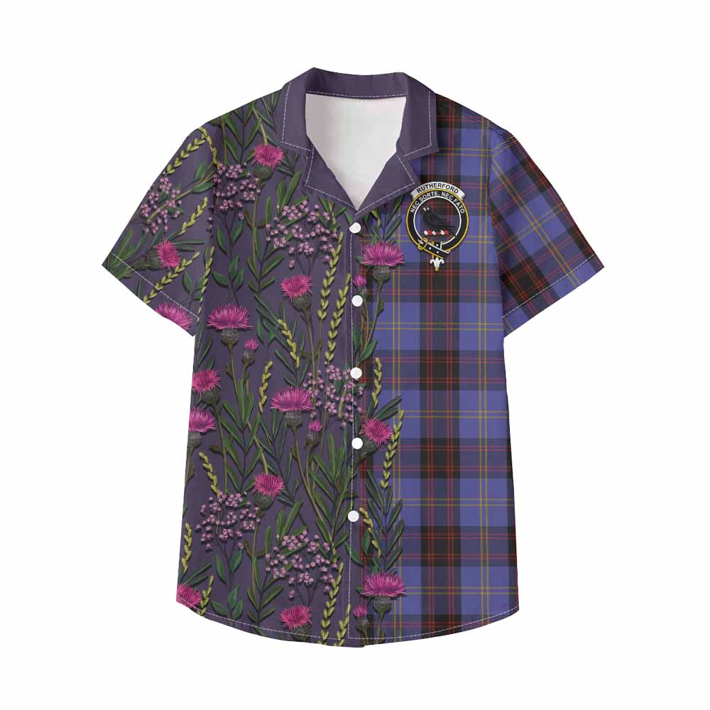 Rutherford Family Crest Tartan Kid Hawaiian Shirt Scottish Thistle Flower Pattern Half Style - Tartan Vibes Clothing