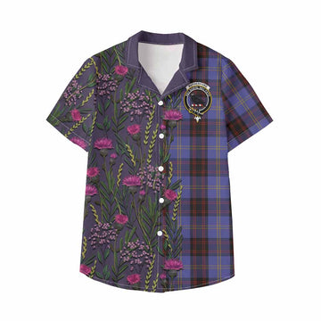 Rutherford Family Crest Tartan Kid Hawaiian Shirt Scottish Thistle Flower Pattern Half Style - Tartan Vibes Clothing