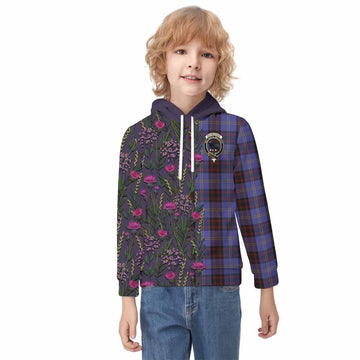 Rutherford Family Crest Tartan Kid Hoodie Scottish Thistle Flower Pattern Half Style
