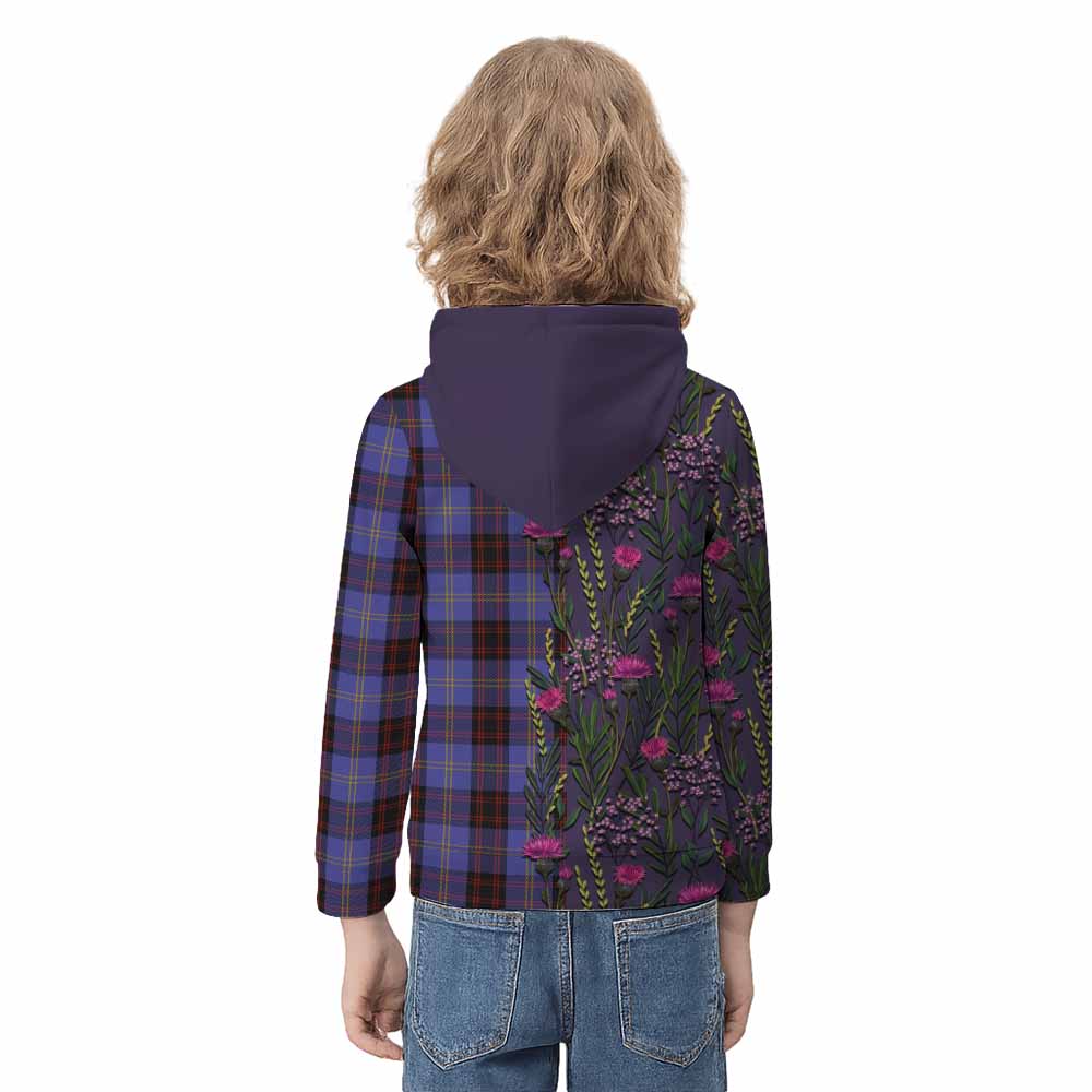 Rutherford Family Crest Tartan Kid Hoodie Scottish Thistle Flower Pattern Half Style - Tartan Vibes Clothing