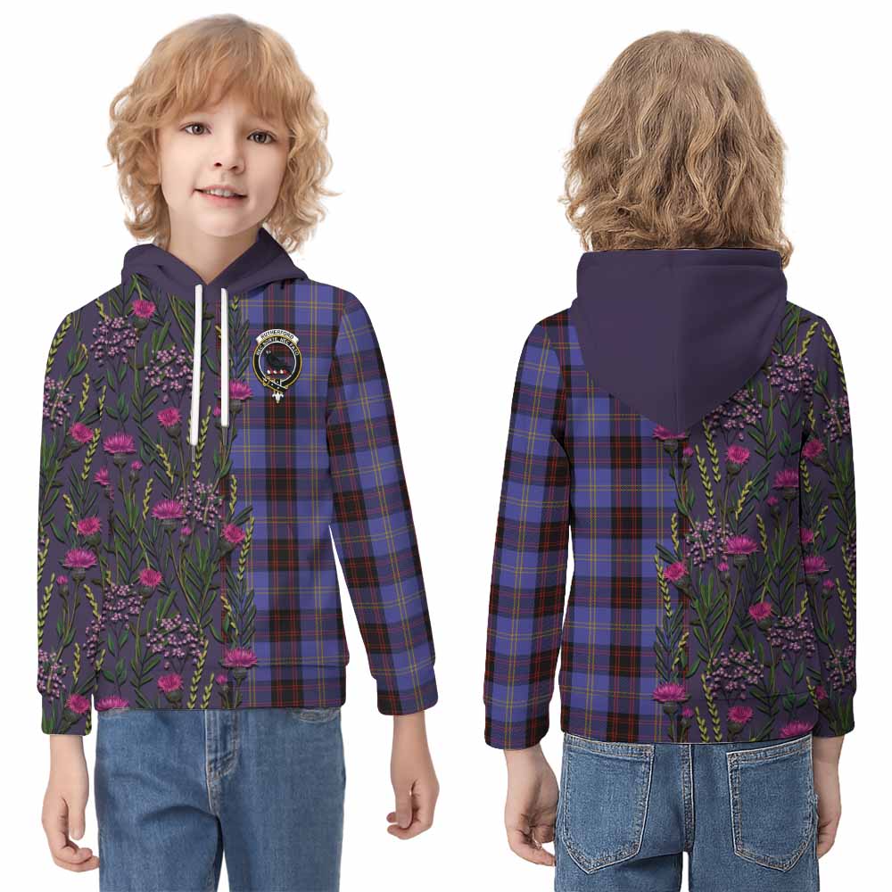 Rutherford Family Crest Tartan Kid Hoodie Scottish Thistle Flower Pattern Half Style - Tartan Vibes Clothing