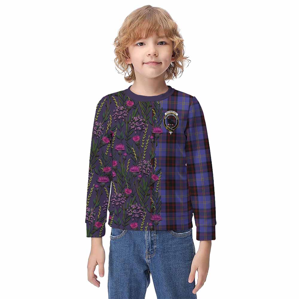 Rutherford Family Crest Tartan Kid Knitted Sweatshirt Scottish Thistle Flower Pattern Half Style - Tartan Vibes Clothing