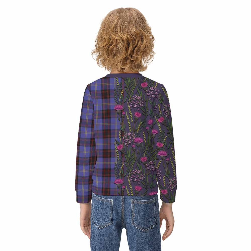 Rutherford Family Crest Tartan Kid Knitted Sweatshirt Scottish Thistle Flower Pattern Half Style - Tartan Vibes Clothing