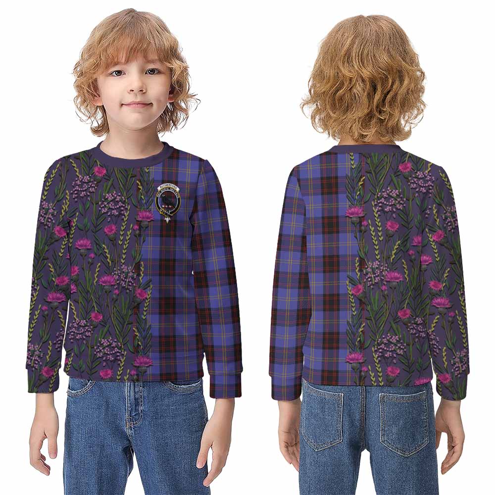 Rutherford Family Crest Tartan Kid Knitted Sweatshirt Scottish Thistle Flower Pattern Half Style - Tartan Vibes Clothing