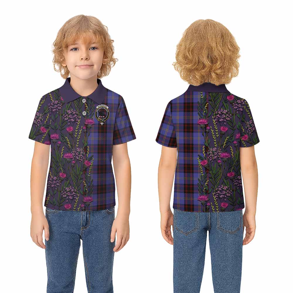 Rutherford Family Crest Tartan Kid Polo Shirt Scottish Thistle Flower Pattern Half Style - Tartan Vibes Clothing