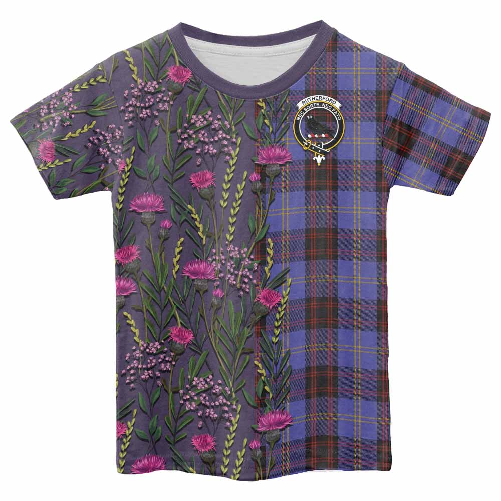 Rutherford Family Crest Tartan Kid T-shirt Scottish Thistle Flower Pattern Half Style - Tartan Vibes Clothing