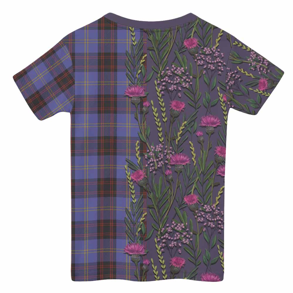 Rutherford Family Crest Tartan Kid T-shirt Scottish Thistle Flower Pattern Half Style - Tartan Vibes Clothing
