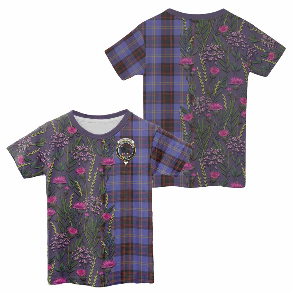 Rutherford Family Crest Tartan Kid T-shirt Scottish Thistle Flower Pattern Half Style - Tartan Vibes Clothing