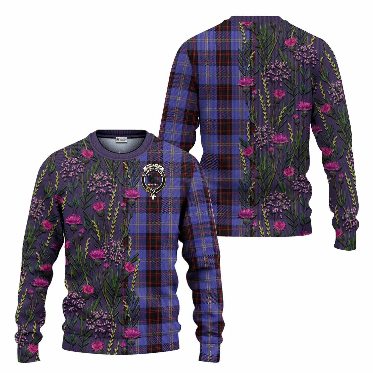 Rutherford Family Crest Tartan Knitted Sweater Scottish Thistle Flower Pattern Half Style - Tartan Vibes Clothing