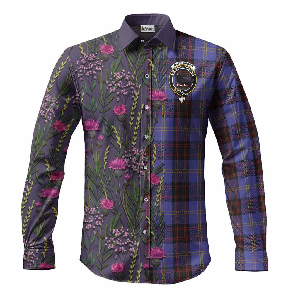 Rutherford Family Crest Tartan Long Sleeve Button Shirts Scottish Thistle Flower Pattern Half Style - Tartan Vibes Clothing