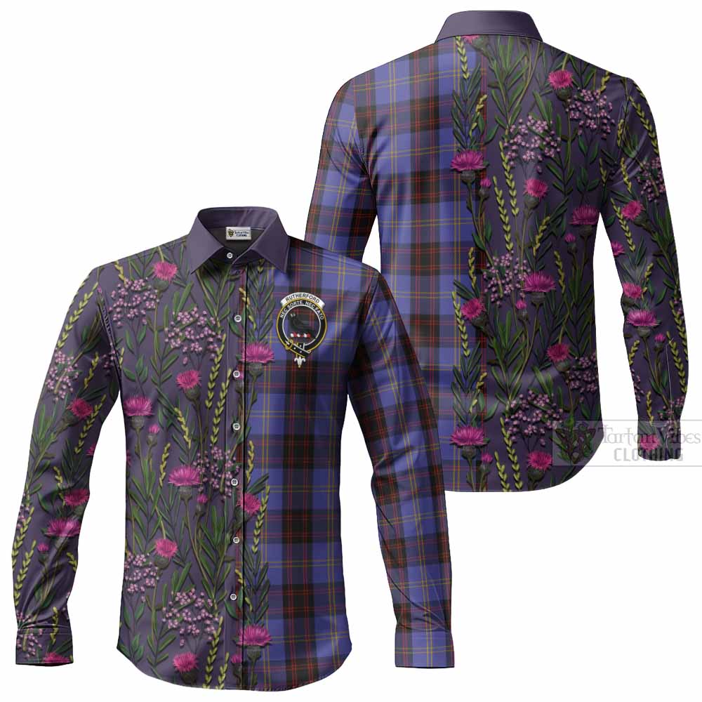Rutherford Family Crest Tartan Long Sleeve Button Shirts Scottish Thistle Flower Pattern Half Style - Tartan Vibes Clothing