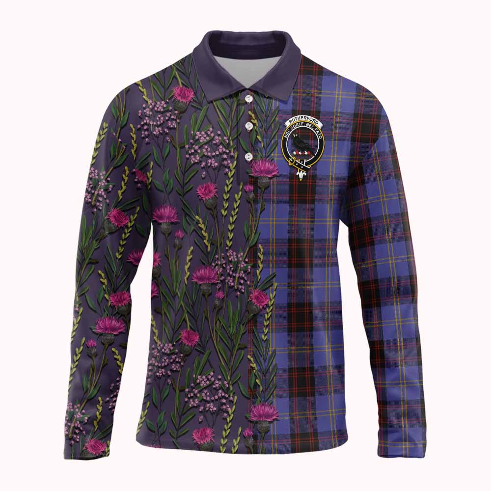 Rutherford Family Crest Tartan Long Sleeve Polo Shirt Scottish Thistle Flower Pattern Half Style - Tartan Vibes Clothing