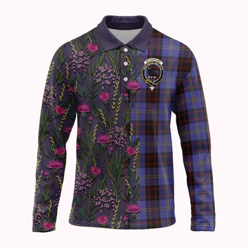 Rutherford Family Crest Tartan Long Sleeve Polo Shirt Scottish Thistle Flower Pattern Half Style