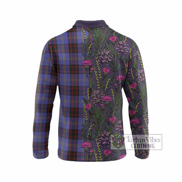 Rutherford Family Crest Tartan Long Sleeve Polo Shirt Scottish Thistle Flower Pattern Half Style