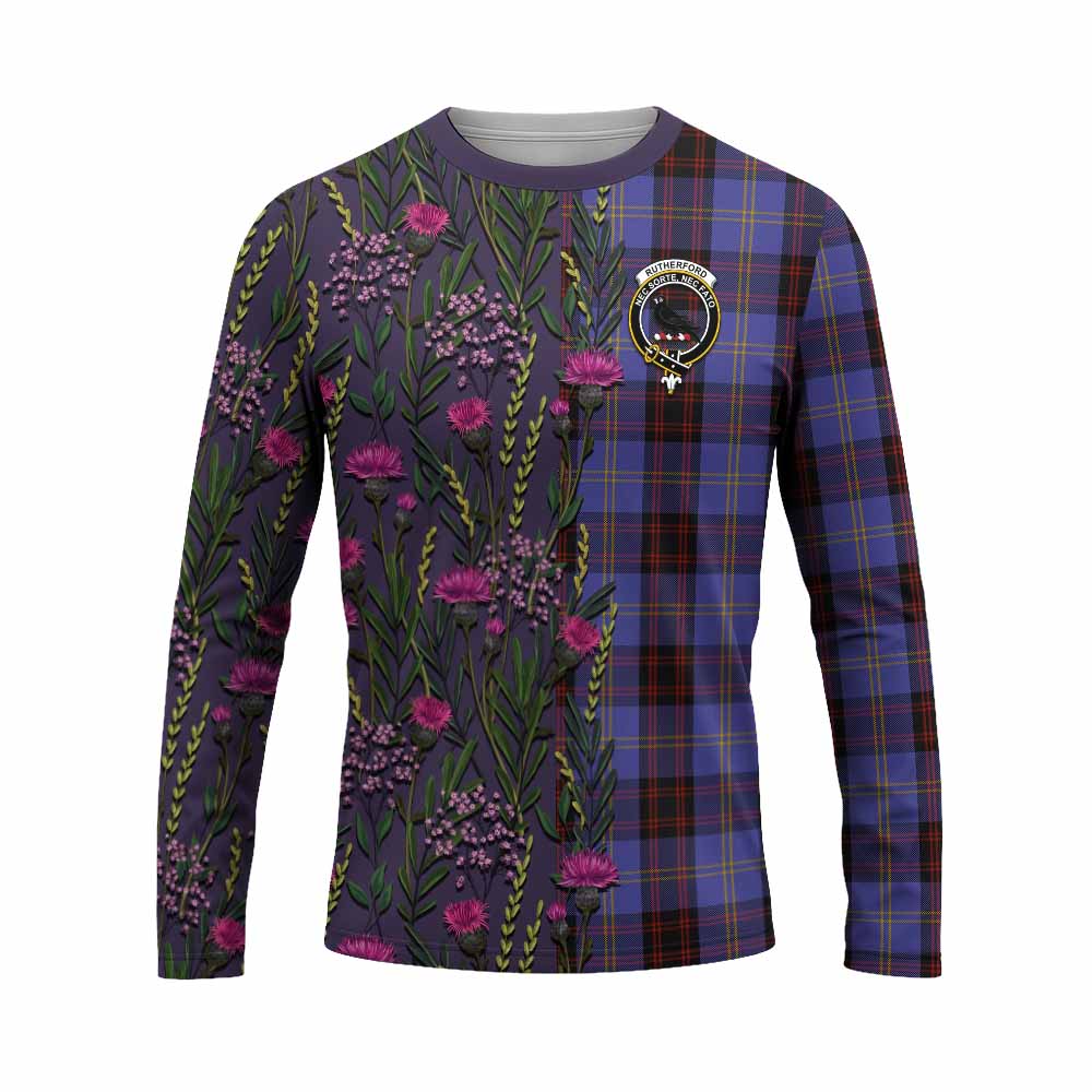 Rutherford Family Crest Tartan Long Sleeve T-Shirt Scottish Thistle Flower Pattern Half Style - Tartan Vibes Clothing