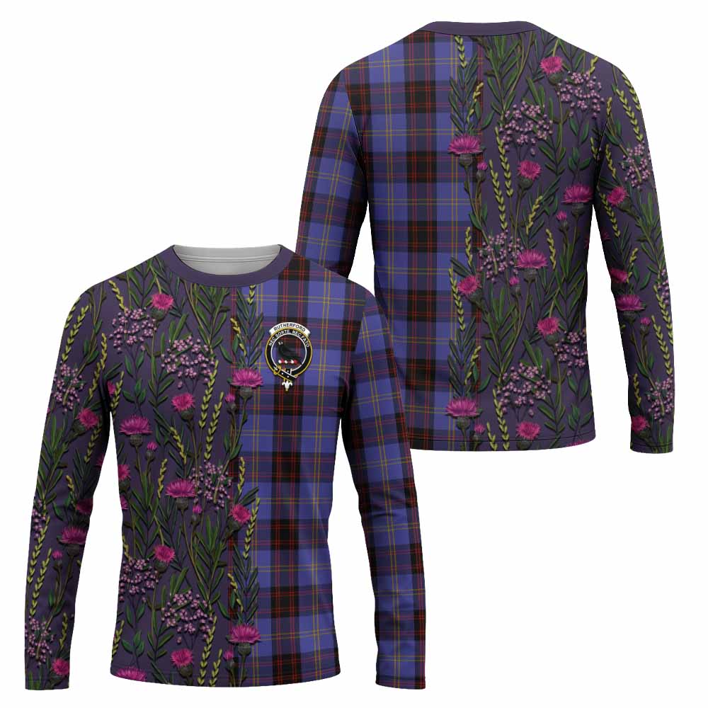 Rutherford Family Crest Tartan Long Sleeve T-Shirt Scottish Thistle Flower Pattern Half Style - Tartan Vibes Clothing