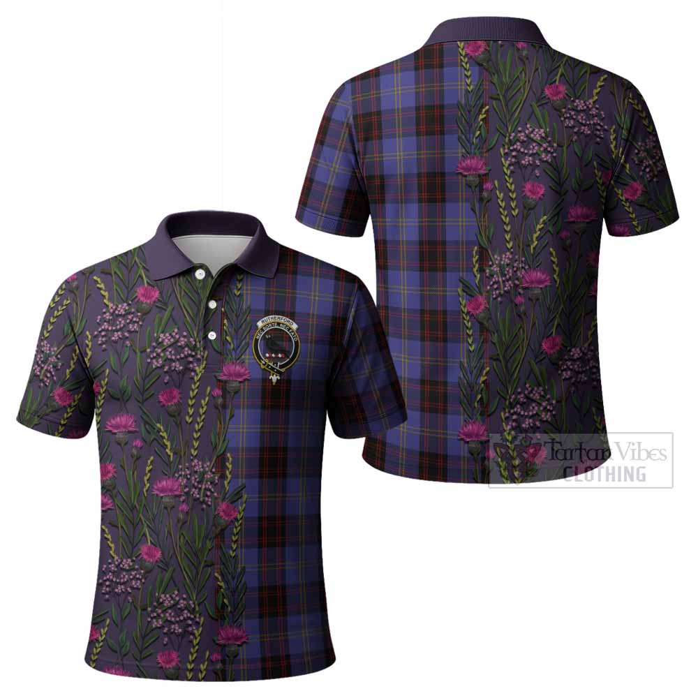 Rutherford Family Crest Tartan Polo Shirt Scottish Thistle Flower Pattern Half Style - Tartan Vibes Clothing