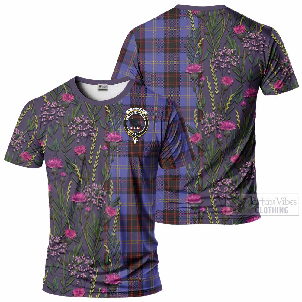 Rutherford Family Crest Tartan T-Shirt Scottish Thistle Flower Pattern Half Style - Tartan Vibes Clothing