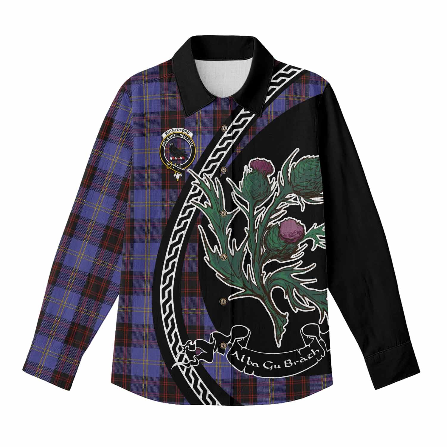 Rutherford Family Crest Tartan Women Casual Shirt Alba Thistle Inspired - Tartan Vibes Clothing