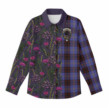 Rutherford Family Crest Tartan Women Casual Shirt Scottish Thistle Flower Pattern Half Style