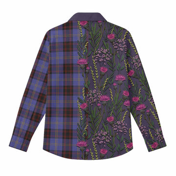 Rutherford Family Crest Tartan Women Casual Shirt Scottish Thistle Flower Pattern Half Style