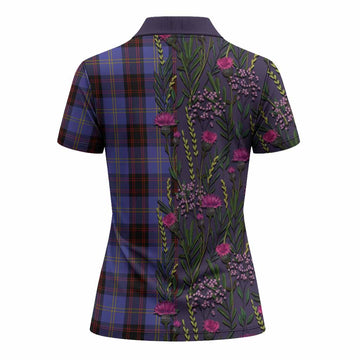 Rutherford Family Crest Tartan Women Polo Shirt Scottish Thistle Flower Pattern Half Style
