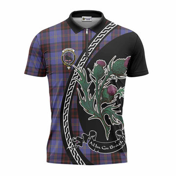 Rutherford Family Crest Tartan Zipper Polo Shirt Alba Thistle Inspired