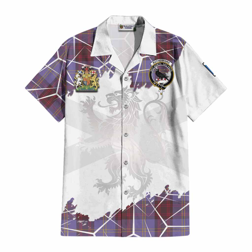 Rutherford Tartan Cotton Hawaiian Shirt with Family Crest and Lion Rampant Grunge Style