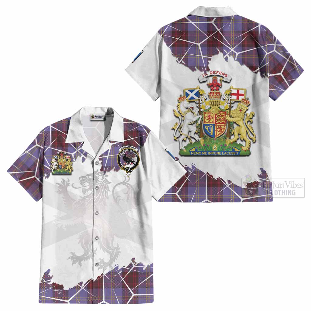 Rutherford Tartan Cotton Hawaiian Shirt with Family Crest and Lion Rampant Grunge Style