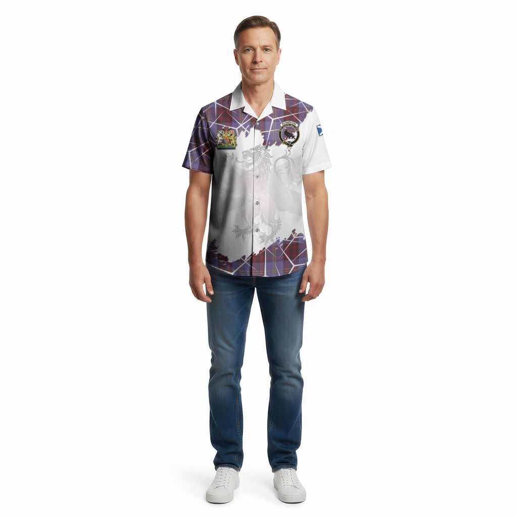 Rutherford Tartan Cotton Hawaiian Shirt with Family Crest and Lion Rampant Grunge Style