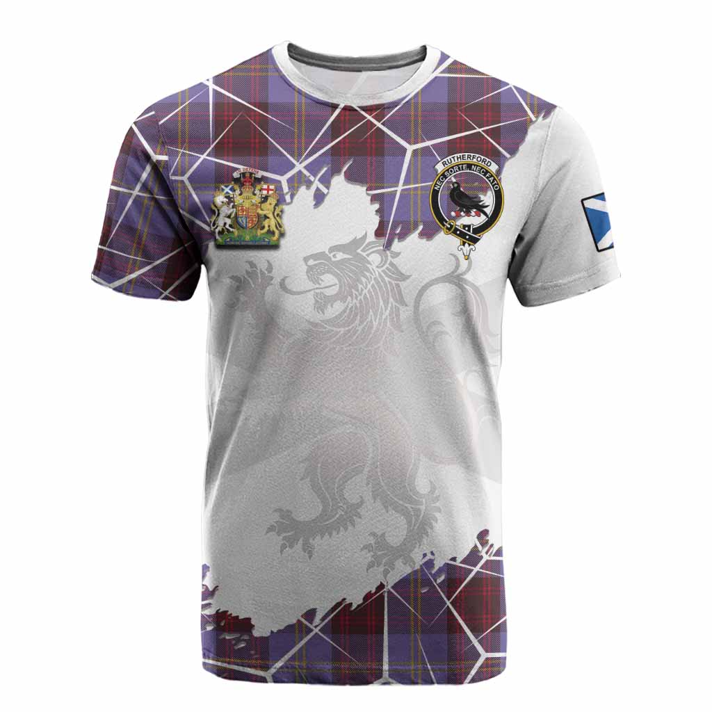 Rutherford Tartan Cotton T-shirt with Family Crest and Lion Rampant Grunge Style