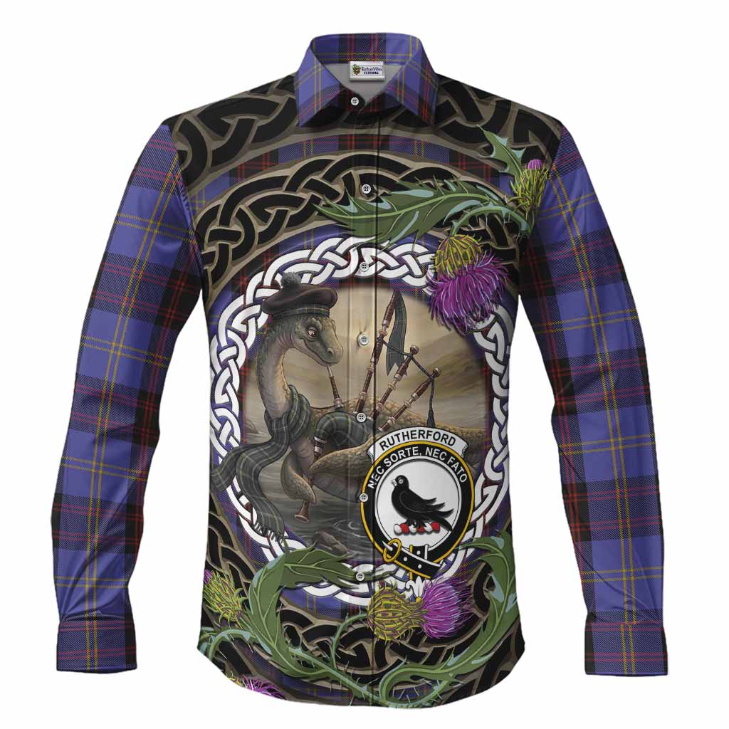 Rutherford Tartan Crest Bagpipe Nessie Long Sleeve Button Shirts Scottish Loch Ness Monster Celtic Thistle