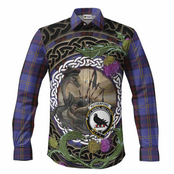 Rutherford Tartan Crest Bagpipe Nessie Long Sleeve Button Shirts Scottish Loch Ness Monster Celtic Thistle