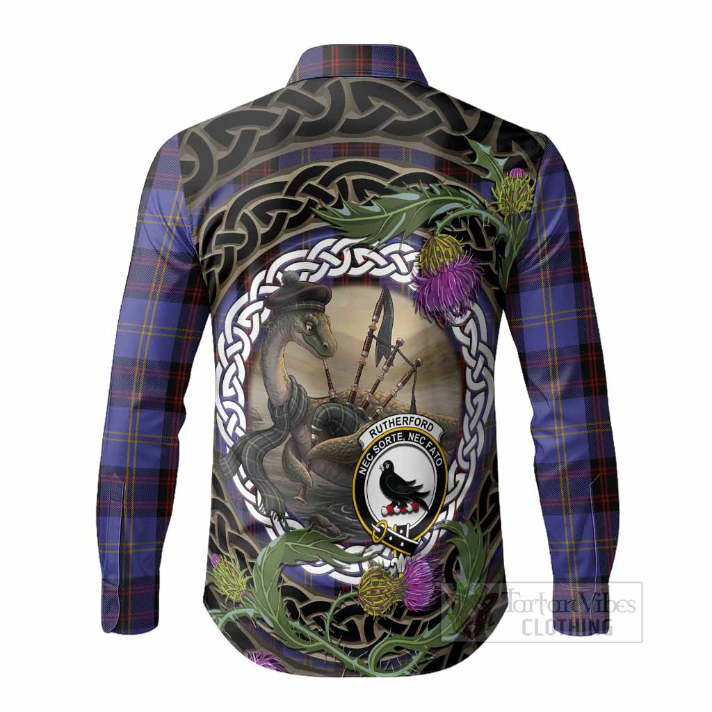 Rutherford Tartan Crest Bagpipe Nessie Long Sleeve Button Shirts Scottish Loch Ness Monster Celtic Thistle