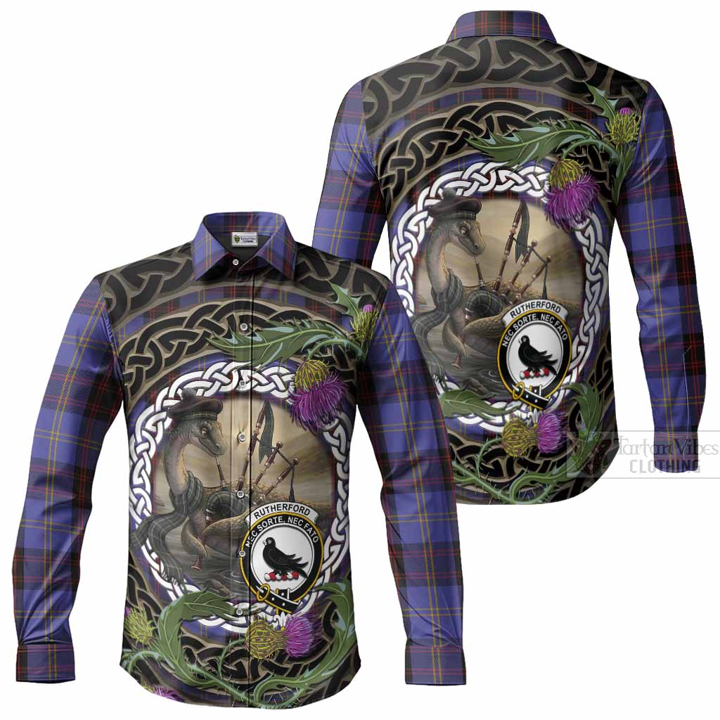 Rutherford Tartan Crest Bagpipe Nessie Long Sleeve Button Shirts Scottish Loch Ness Monster Celtic Thistle