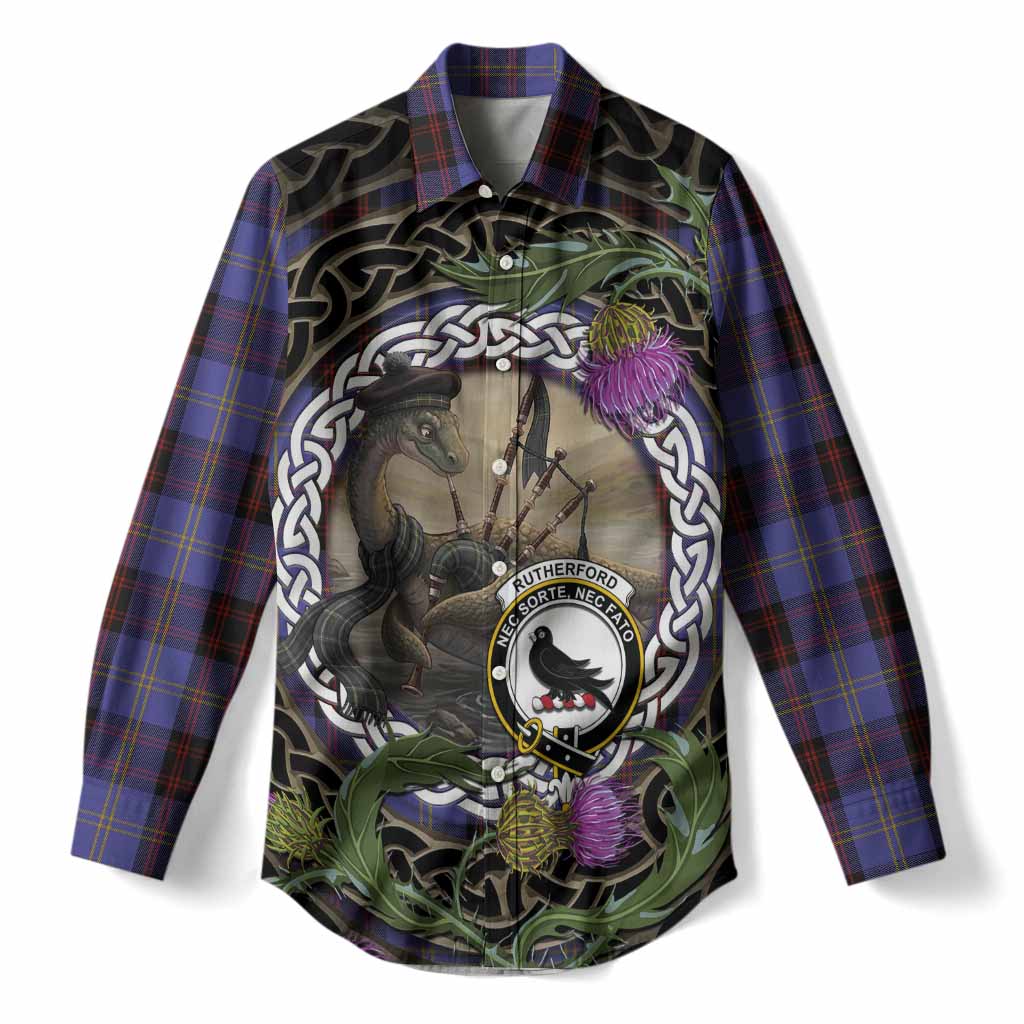 Rutherford Tartan Crest Bagpipe Nessie Women Casual Shirt Scottish Loch Ness Monster Celtic Thistle