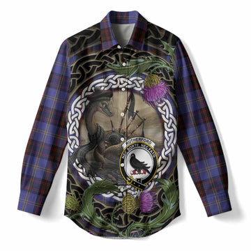 Rutherford Tartan Crest Bagpipe Nessie Women Casual Shirt Scottish Loch Ness Monster Celtic Thistle