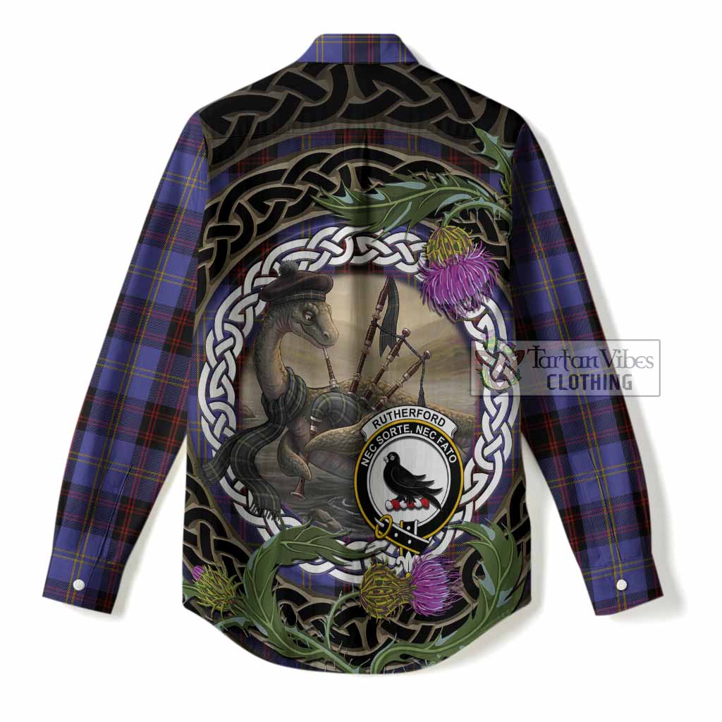 Rutherford Tartan Crest Bagpipe Nessie Women Casual Shirt Scottish Loch Ness Monster Celtic Thistle