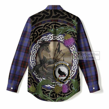 Rutherford Tartan Crest Bagpipe Nessie Women Casual Shirt Scottish Loch Ness Monster Celtic Thistle