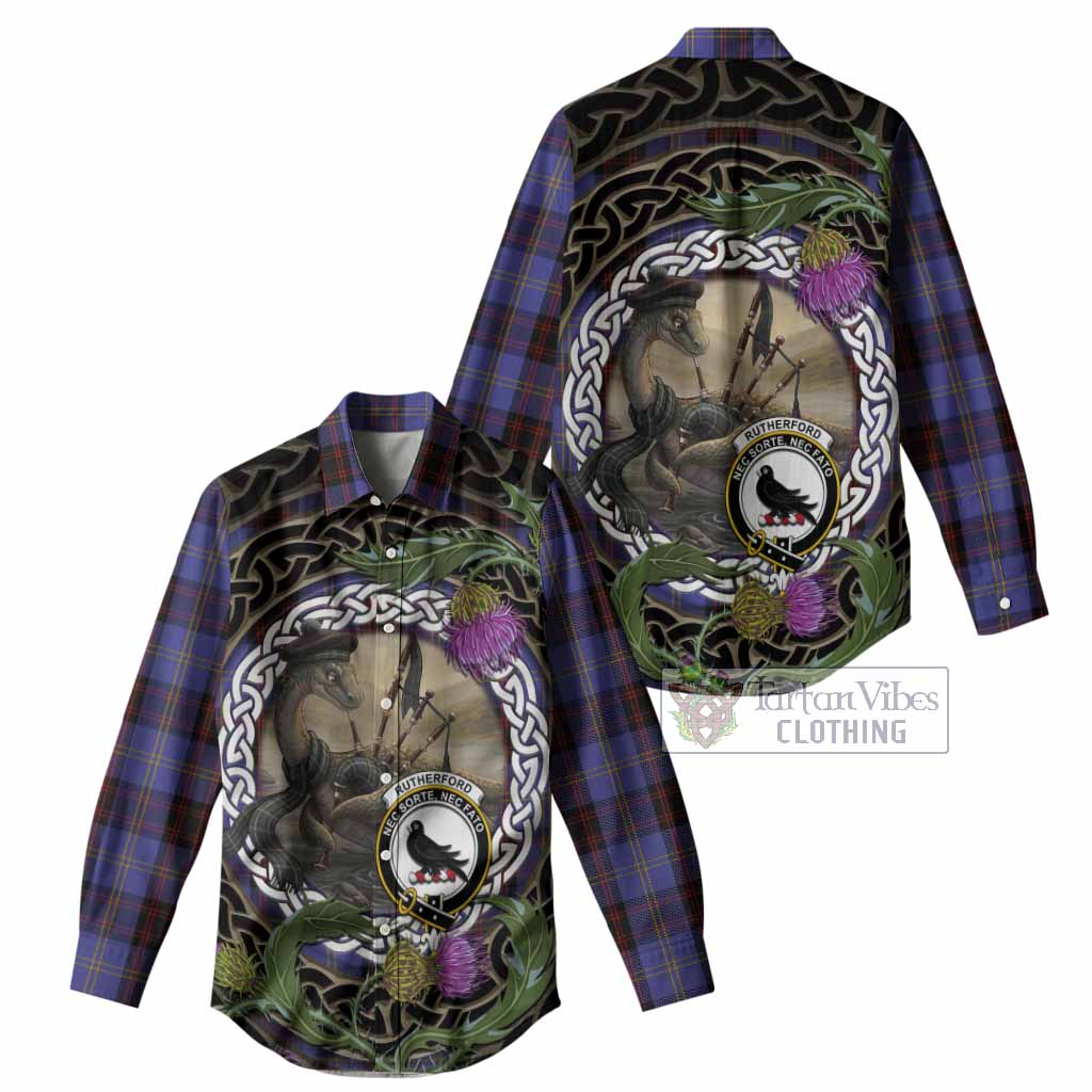 Rutherford Tartan Crest Bagpipe Nessie Women Casual Shirt Scottish Loch Ness Monster Celtic Thistle