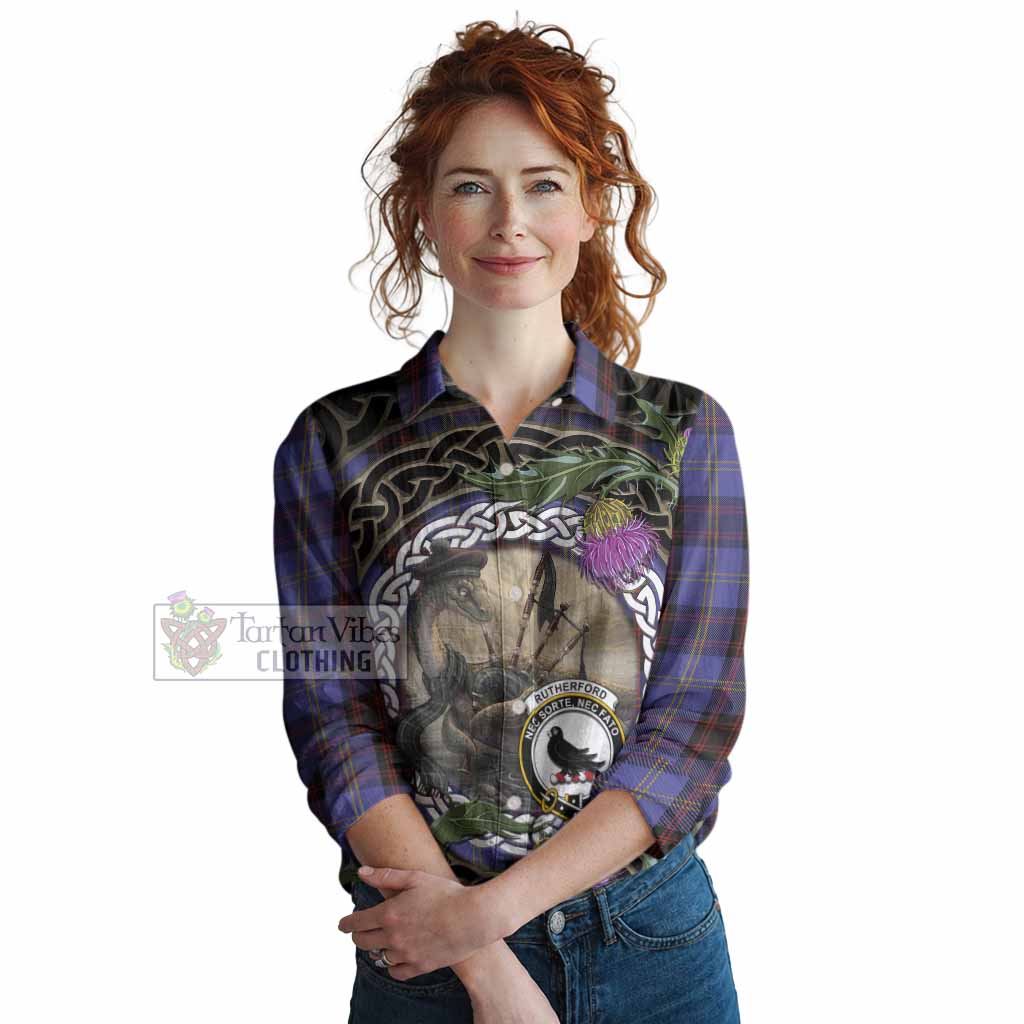 Rutherford Tartan Crest Bagpipe Nessie Women Casual Shirt Scottish Loch Ness Monster Celtic Thistle