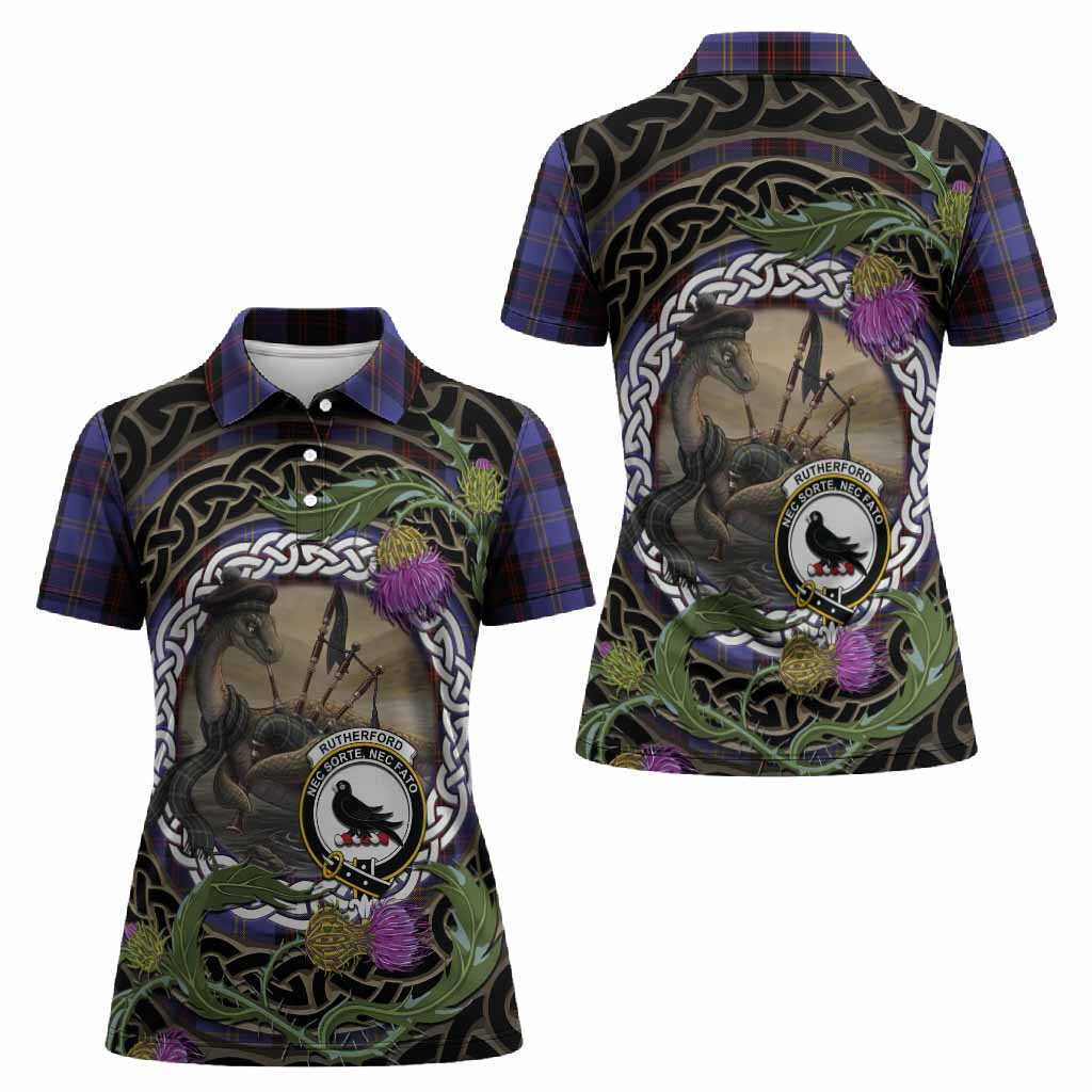 Rutherford Tartan Crest Bagpipe Nessie Women Polo Shirt Scottish Loch Ness Monster Celtic Thistle