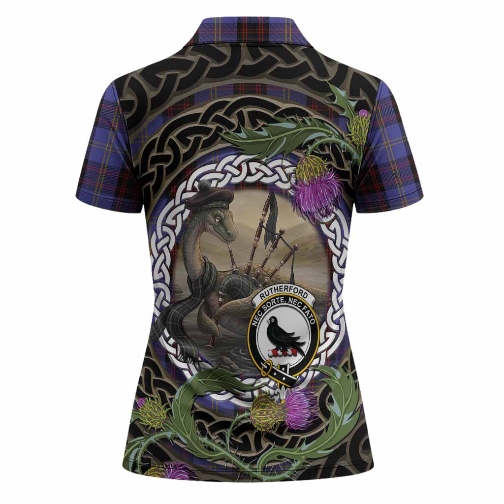 Rutherford Tartan Crest Bagpipe Nessie Women Polo Shirt Scottish Loch Ness Monster Celtic Thistle