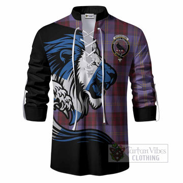 Rutherford Tartan Crest Ghillie Shirt Scottish Golden Lions Wave Flow
