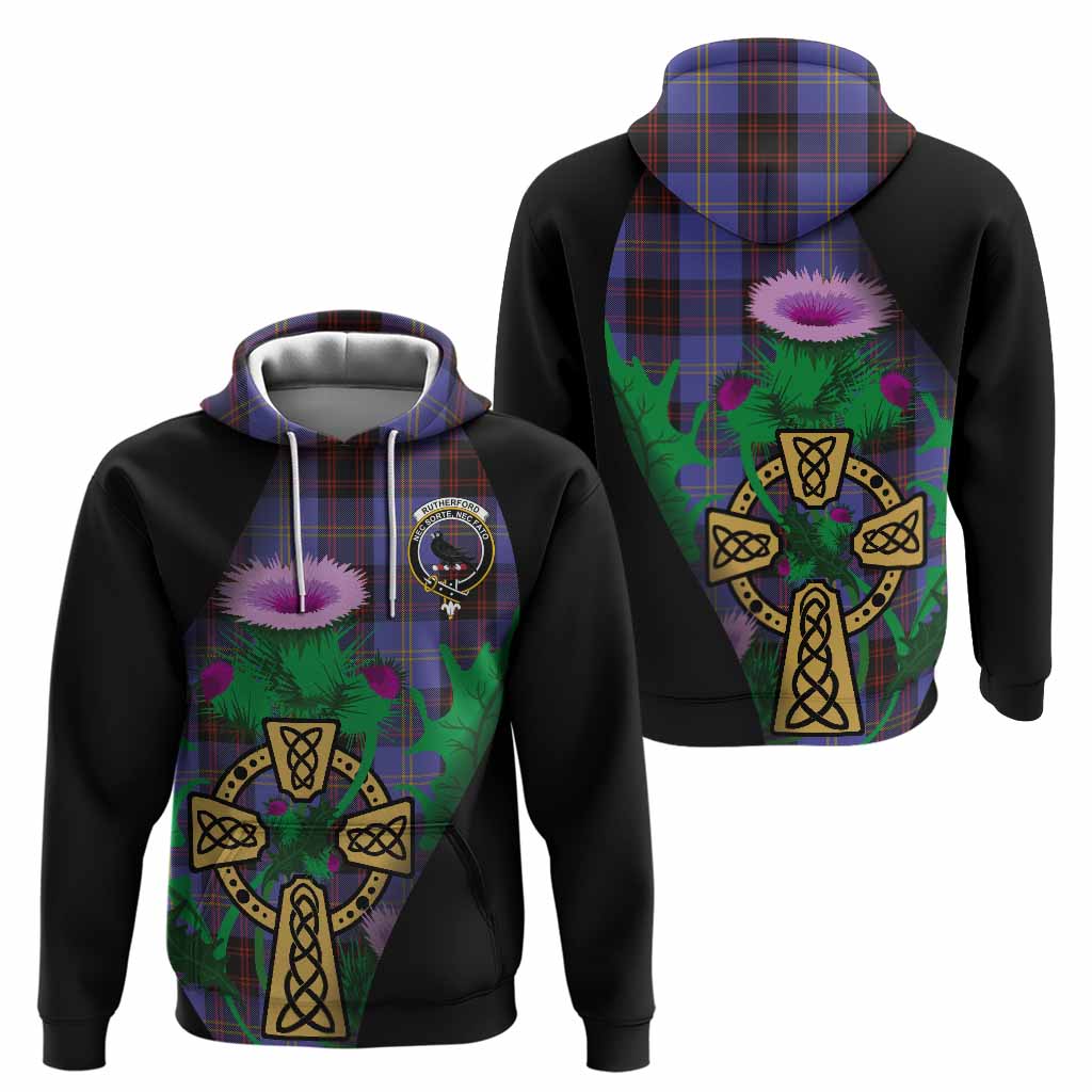 Rutherford Tartan Crest Hoodie Celtic Cross Thistle Flowers